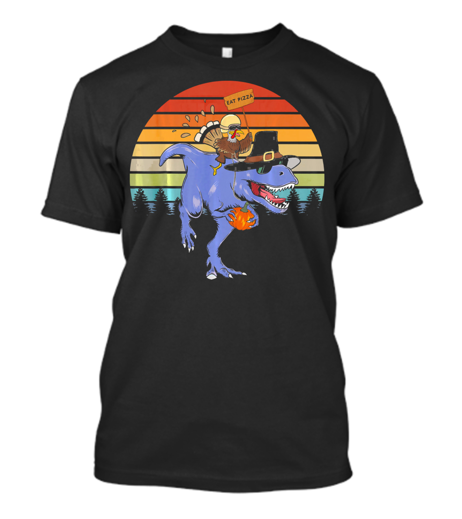 Turkey Riding Dinosaur With Eat Pizza Sign Retro Sunset T-Shirt