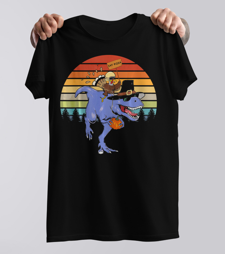Turkey Riding Dinosaur With Eat Pizza Sign Retro Sunset T-Shirt
