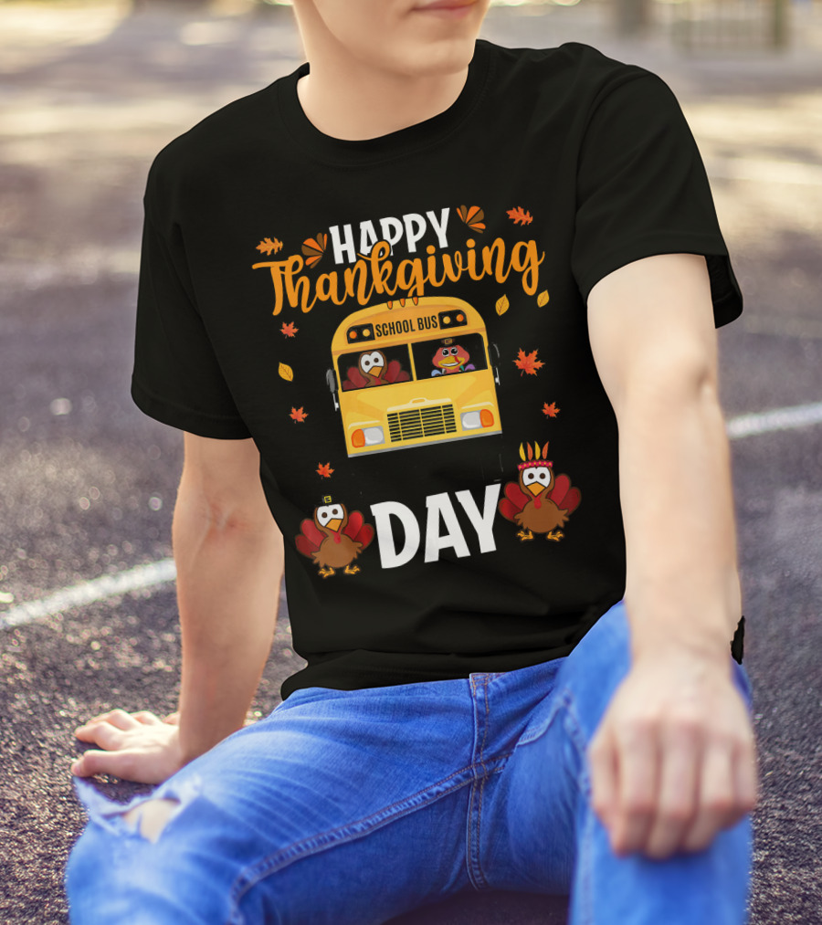 Happy Thanksgiving Day Funny School Bus Turkey T-Shirt