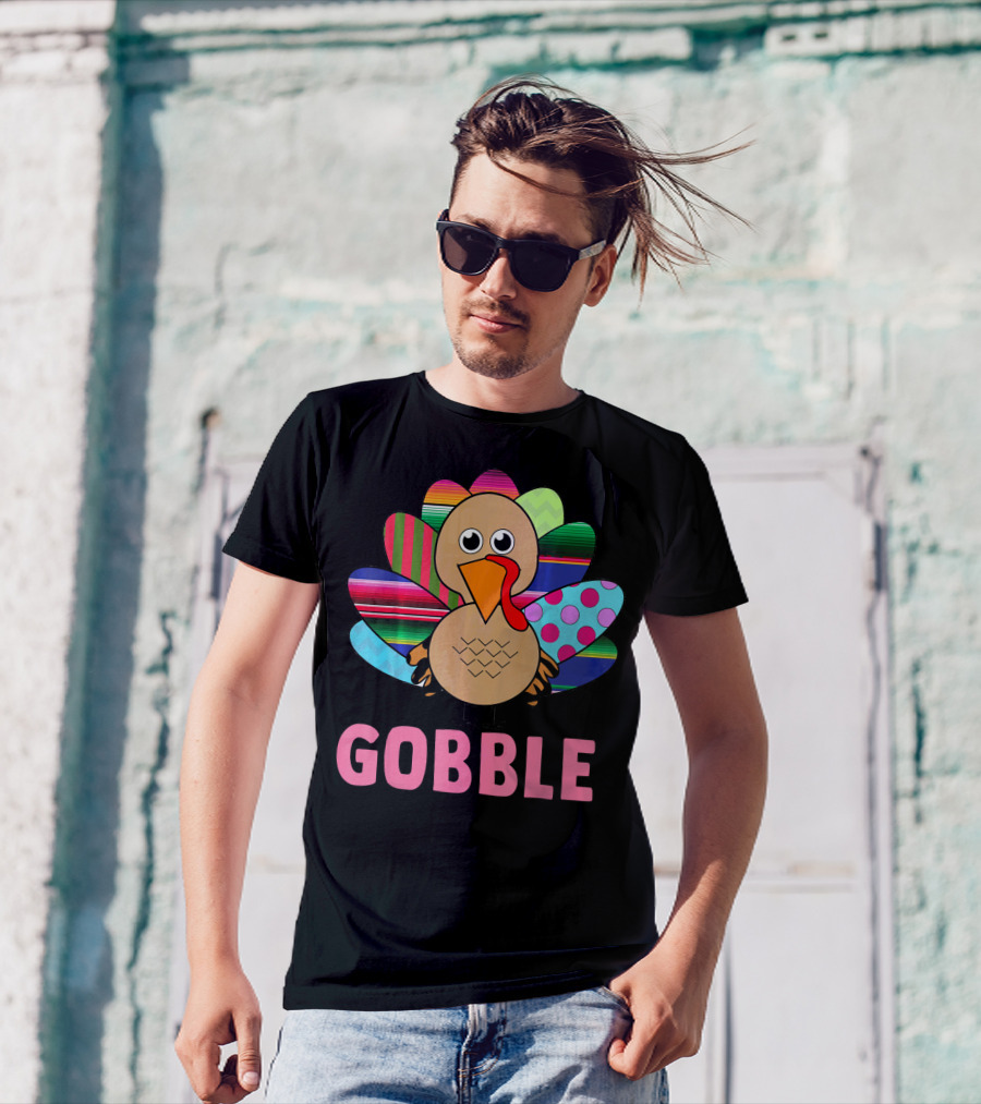 Gobble Cute Funny Thanksgiving Turkey With Colorful Feathers And Thankful Text T-Shirt