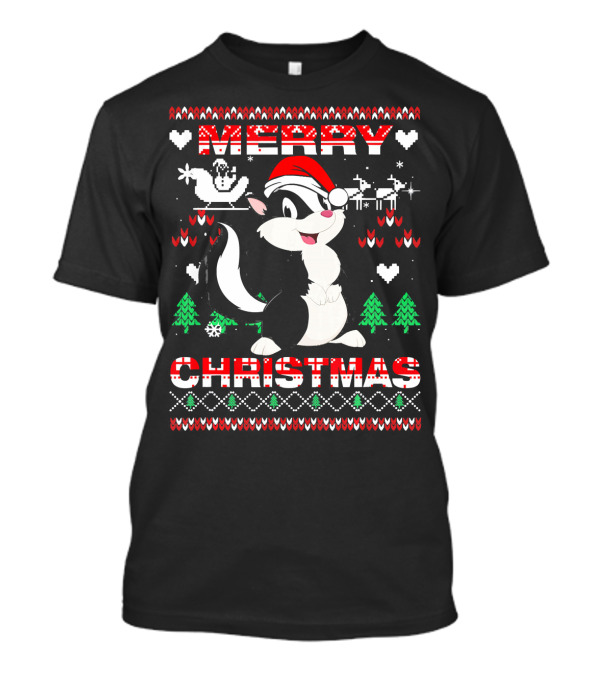 Merry Christmas Funny Skunk Santa Hat And Reindeer Snowflakes T-Shirt