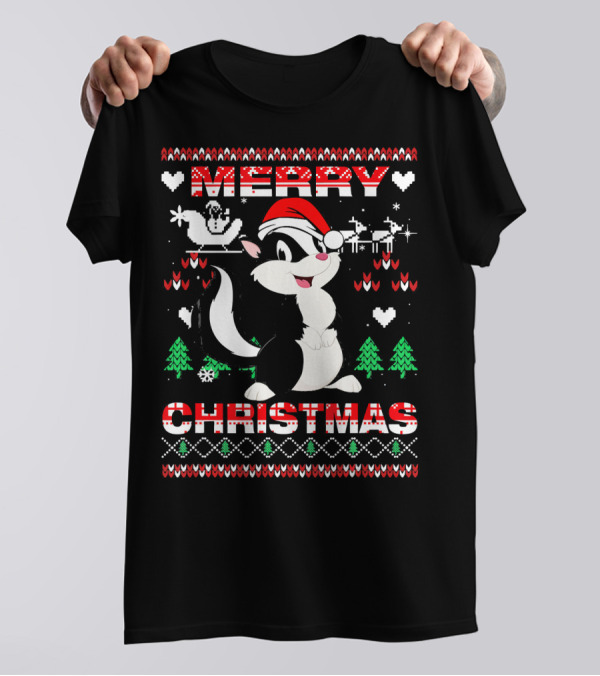 Merry Christmas Funny Skunk Santa Hat And Reindeer Snowflakes T-Shirt