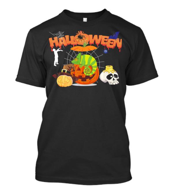 Halloween Chameleon Pumpkin Witch Zombie Skull Spiderweb T-Shirt