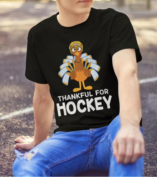 Thankful For Hockey Cute Turkey Wearing Helmet T-Shirt