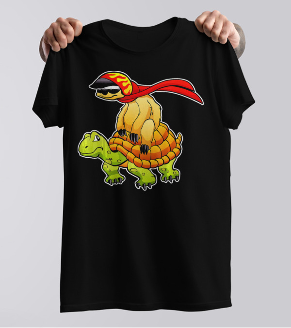 Funny Sloth Riding Turtle With Red Cape And Shades T-Shirt