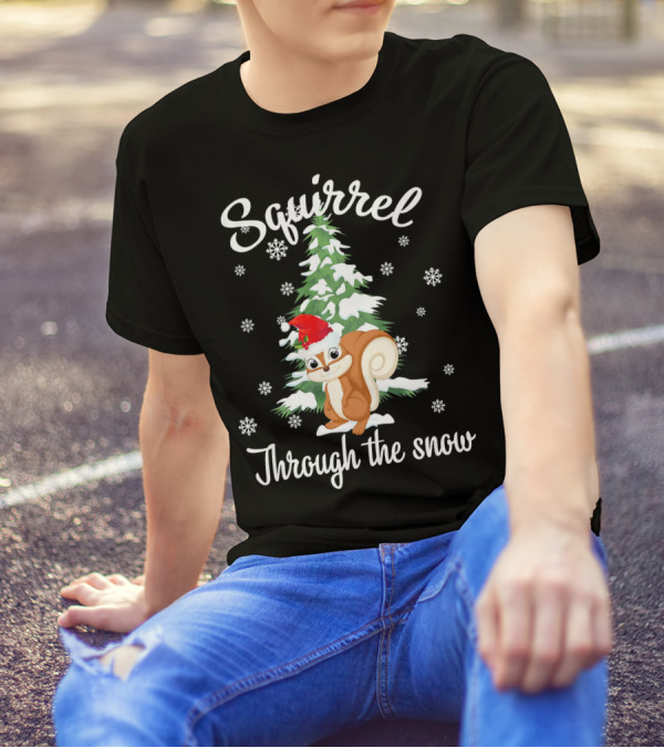 Squirrel Through The Snow With Santa Hat And Evergreen Tree T-Shirt