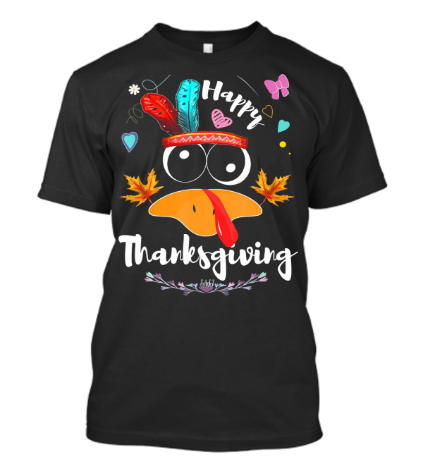 Happy Thanksgiving Funny Pilgrim Turkey Face With Feathers And Autumn Leaves T-Shirt