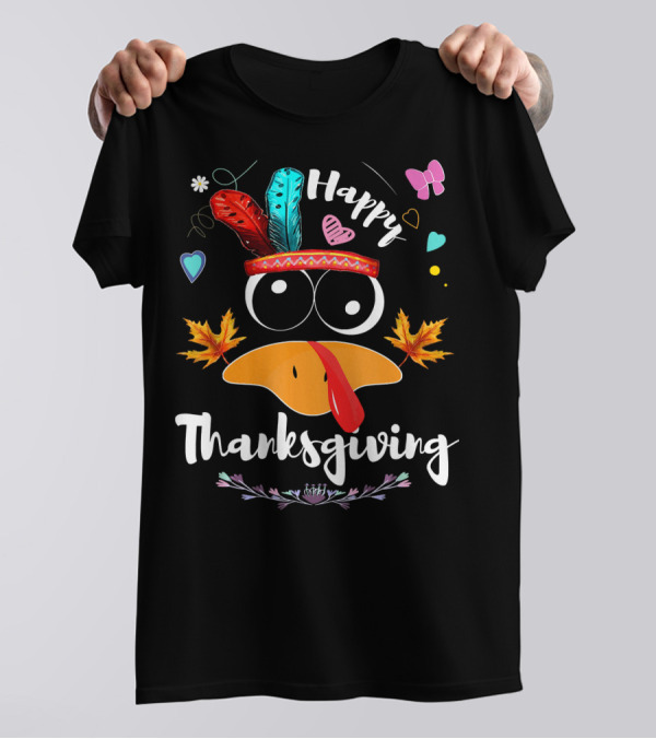 Happy Thanksgiving Funny Pilgrim Turkey Face With Feathers And Autumn Leaves T-Shirt