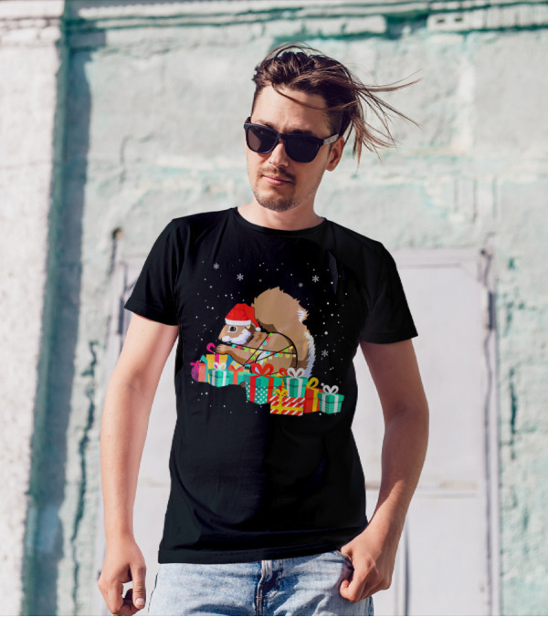 Squirrel With Santa Hat And Christmas Presents Lights T-Shirt