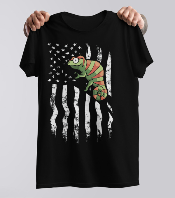 Grinning Chameleon On American Flag T-Shirt