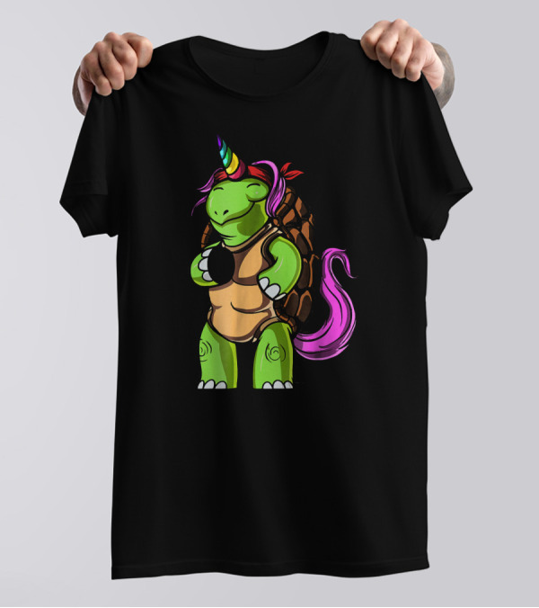 Funny Turtle Unicorn Tortoise With Rainbow Horn And Pink Mane T-Shirt