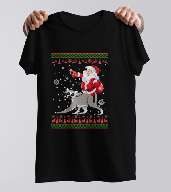 Funny Santa Riding Lemur Ugly Christmas T-Shirt