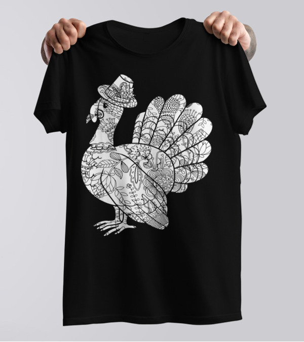 Floral Patterned Turkey With Top Hat T-Shirt