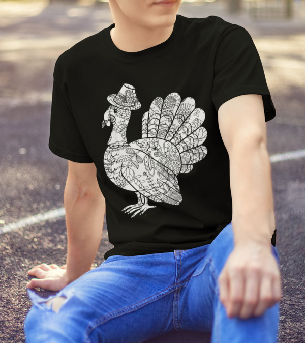 Floral Patterned Turkey With Top Hat T-Shirt