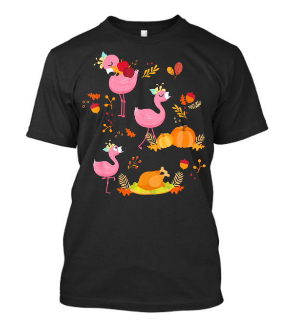 Flamingos Thanksgiving Feast With Pumpkins And Turkey T-Shirt