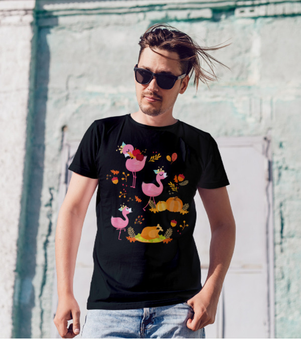 Flamingos Thanksgiving Feast With Pumpkins And Turkey T-Shirt
