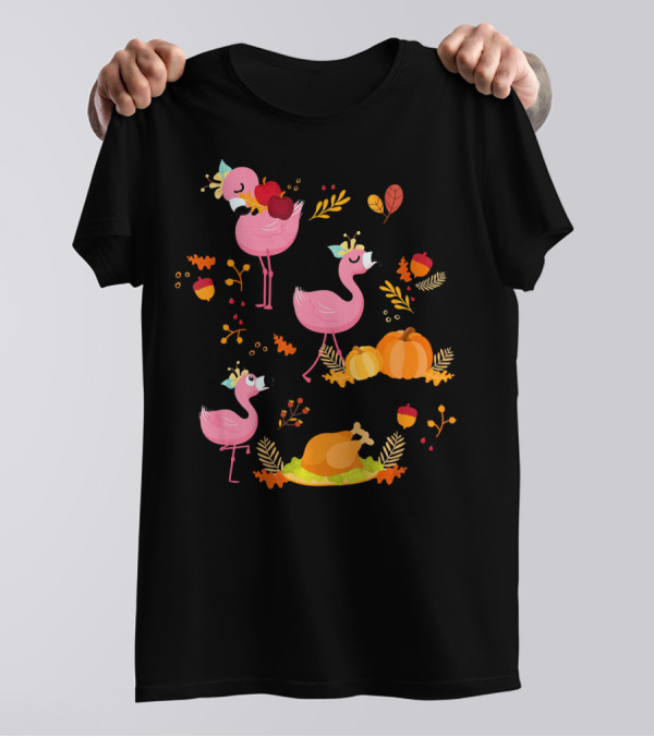 Flamingos Thanksgiving Feast With Pumpkins And Turkey T-Shirt