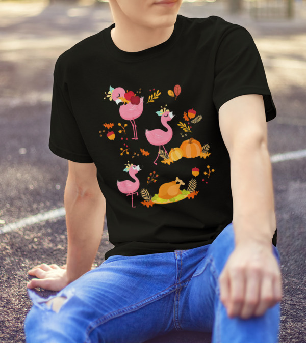 Flamingos Thanksgiving Feast With Pumpkins And Turkey T-Shirt
