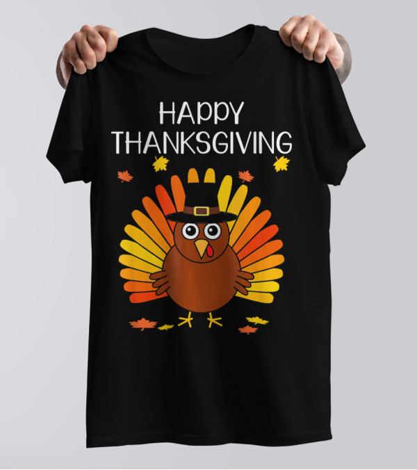Happy Thanksgiving Day Turkey Pilgrim With Colorful Leaves T-Shirt