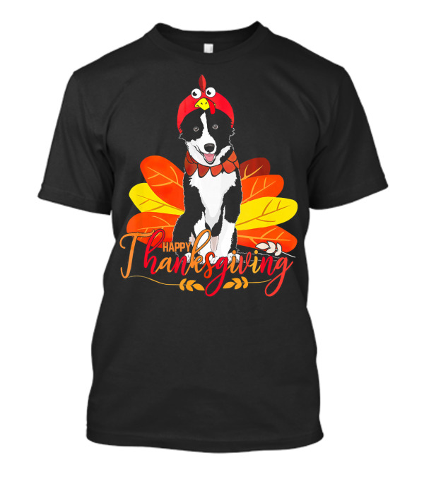 Happy Thanksgiving Border Collie With Turkey Hat And Leaves T-Shirt