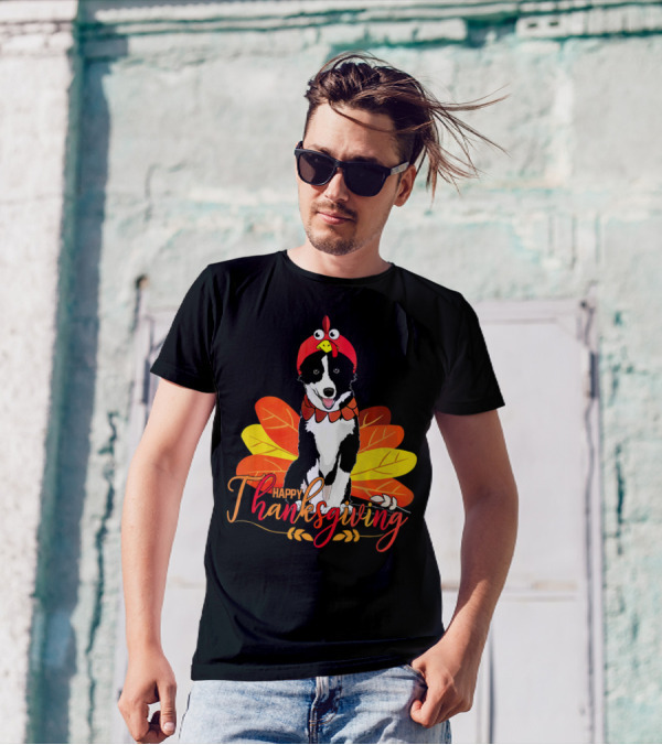 Happy Thanksgiving Border Collie With Turkey Hat And Leaves T-Shirt