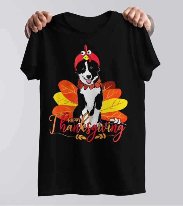 Happy Thanksgiving Border Collie With Turkey Hat And Leaves T-Shirt