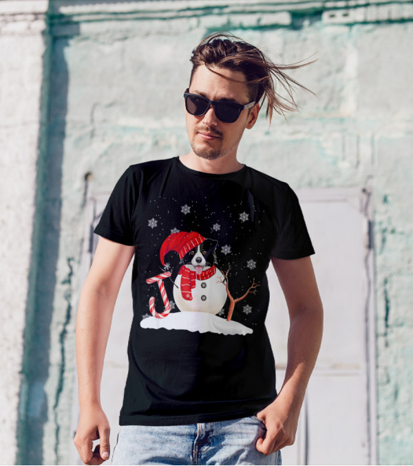 Funny Border Collie Dog With Candy Cane Christmas Joy Snowman T-Shirt