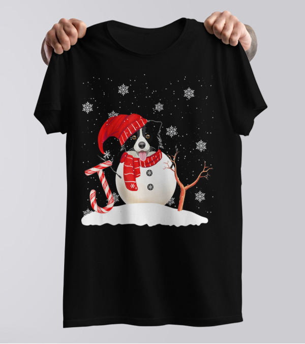 Funny Border Collie Dog With Candy Cane Christmas Joy Snowman T-Shirt