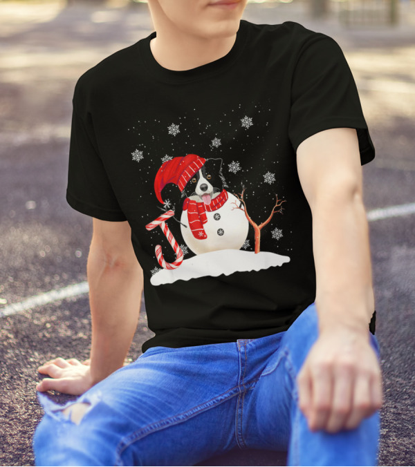 Funny Border Collie Dog With Candy Cane Christmas Joy Snowman T-Shirt