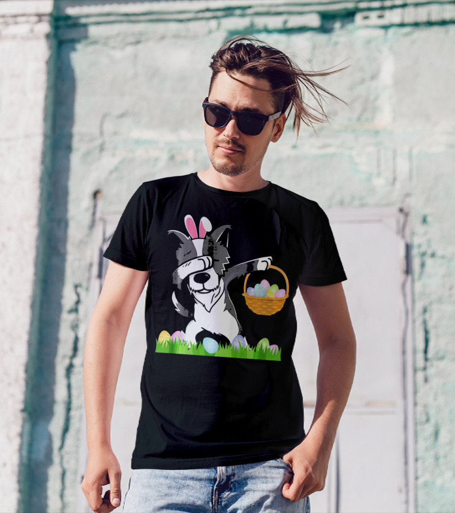 Happy Border Collie Bunny Dabbing Dab Easter Egg Basket T-Shirt