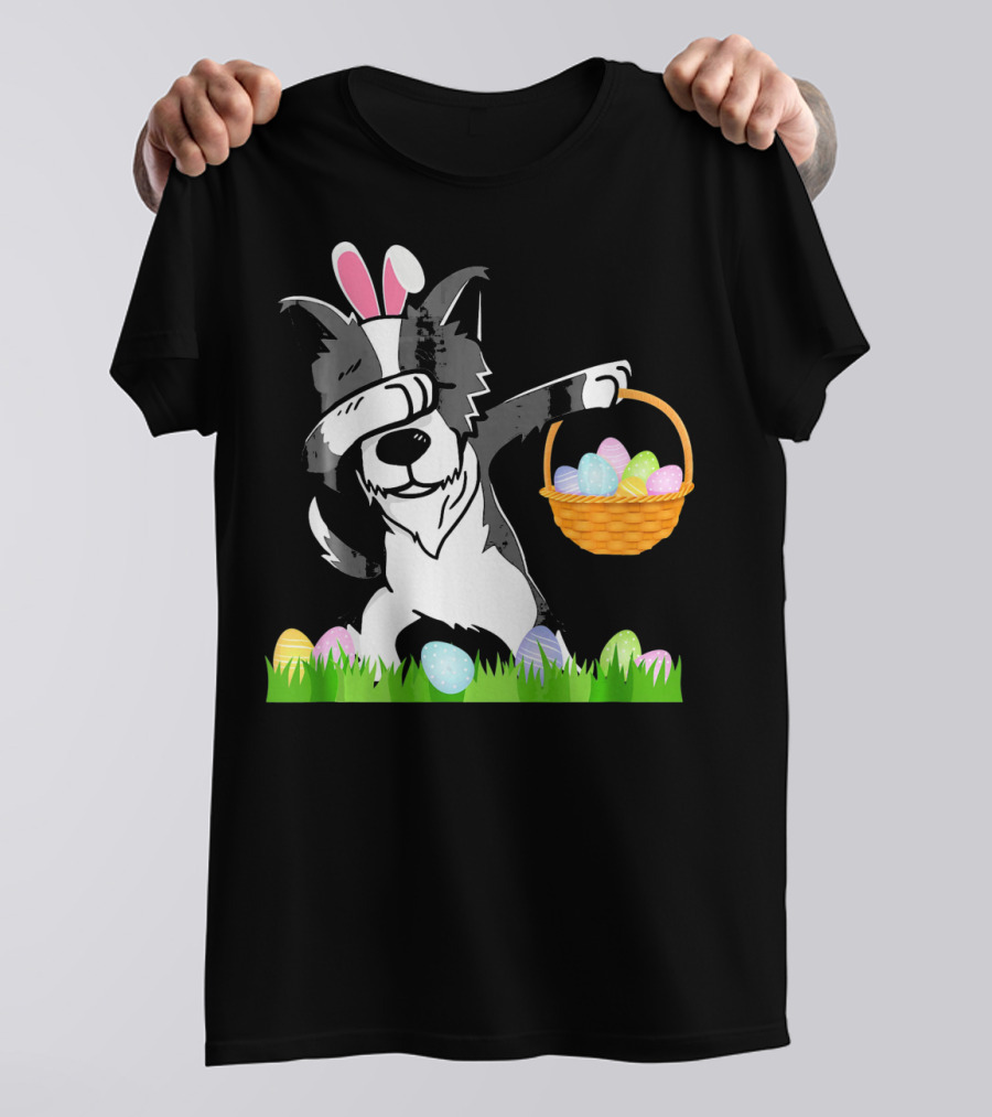 Happy Border Collie Bunny Dabbing Dab Easter Egg Basket T-Shirt