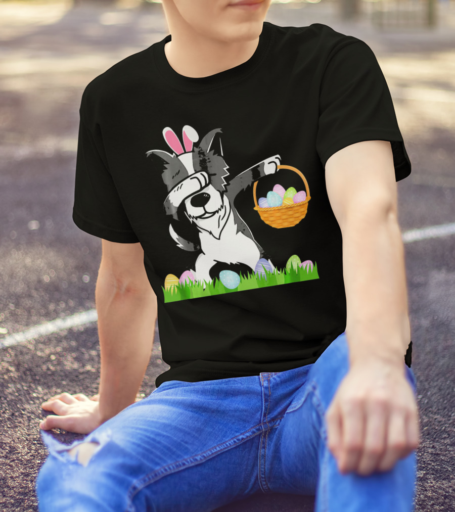 Happy Border Collie Bunny Dabbing Dab Easter Egg Basket T-Shirt