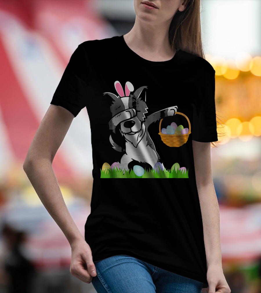 Happy Border Collie Bunny Dabbing Dab Easter Egg Basket T-Shirt