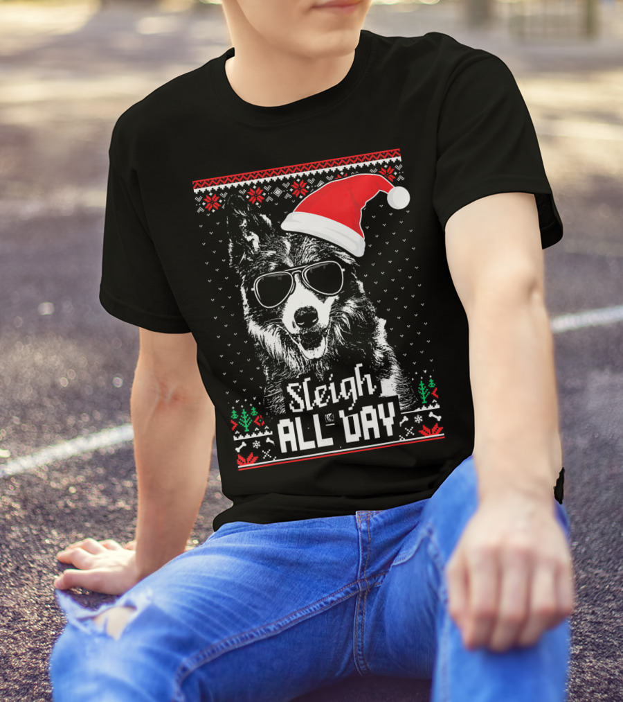 Sleigh All Day Funny Border Collie Chris With Santa Hat And Sunglasses T-Shirt