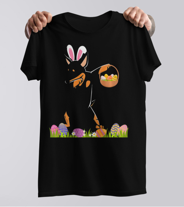 Funny Miniature Pinscher Dog Dabbing With Easter Eggs And Bunny Ears T-Shirt