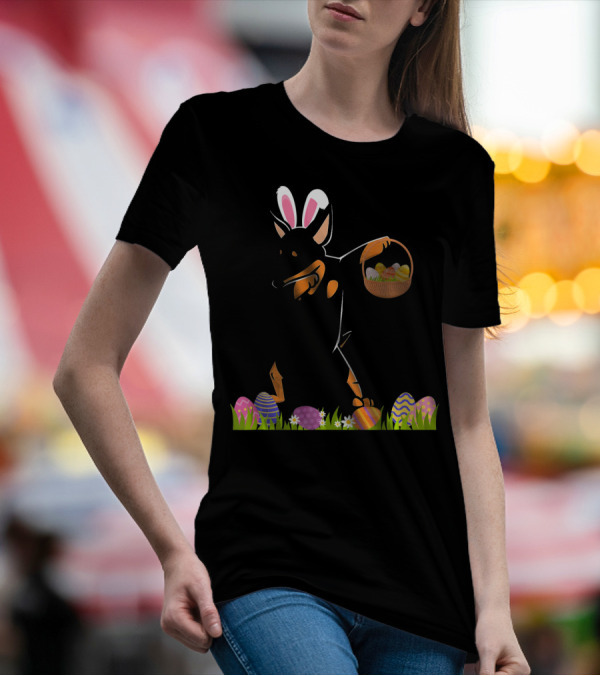 Funny Miniature Pinscher Dog Dabbing With Easter Eggs And Bunny Ears T-Shirt