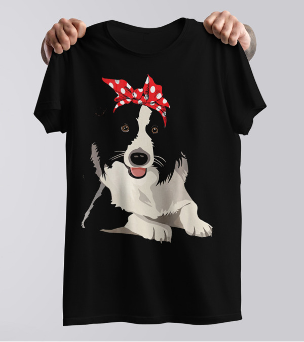 Funny Border Collie Mom Dog With Red Polka Dot Bandana T-Shirt