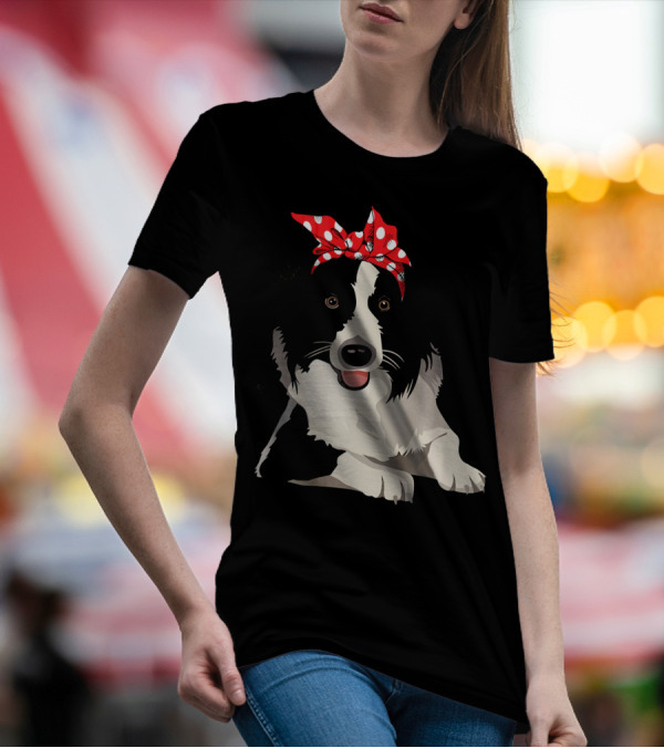 Funny Border Collie Mom Dog With Red Polka Dot Bandana T-Shirt