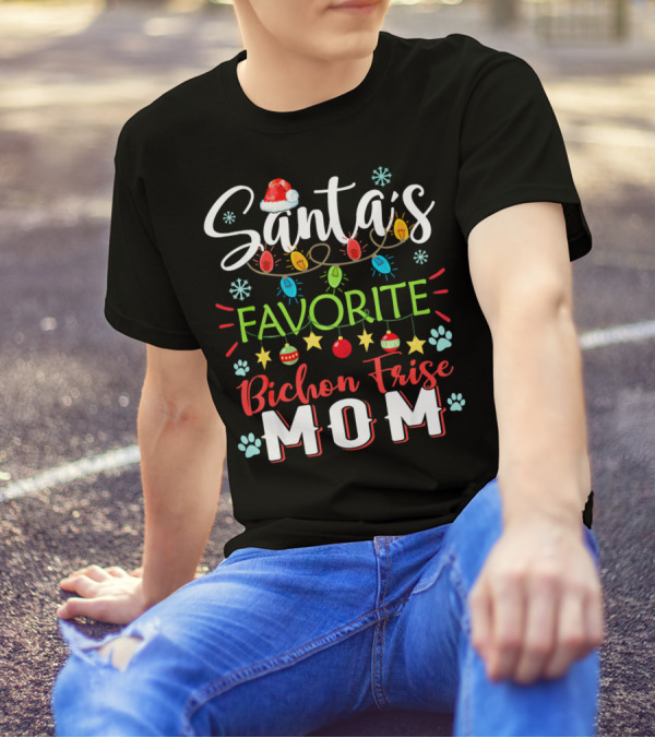 Santa's Favorite Bichon Frise Mom Christmas Lights And Paw Prints T-Shirt