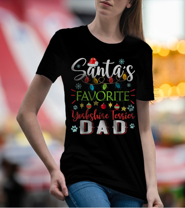 Santa's Favorite Yorkshire Terrier Dad Christmas Lights Paw Prints T-Shirt