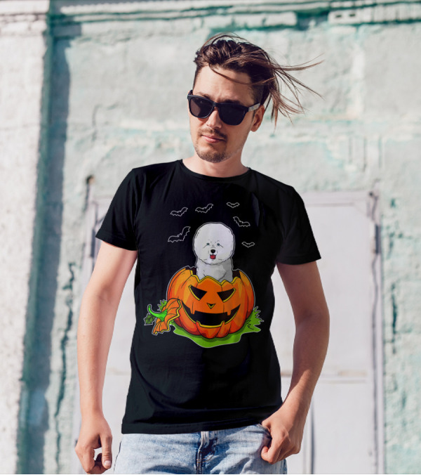Halloween Bichon Frise Dog Lovers Pumpkin With Bats T-Shirt