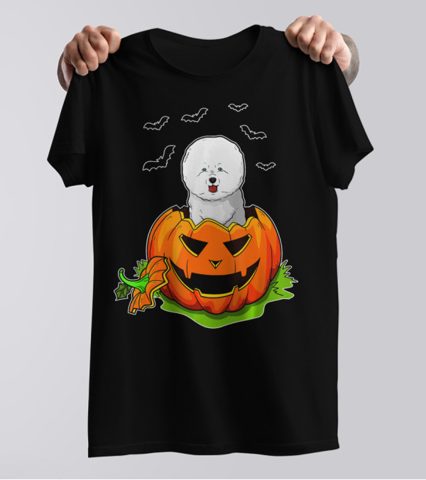 Halloween Bichon Frise Dog Lovers Pumpkin With Bats T-Shirt