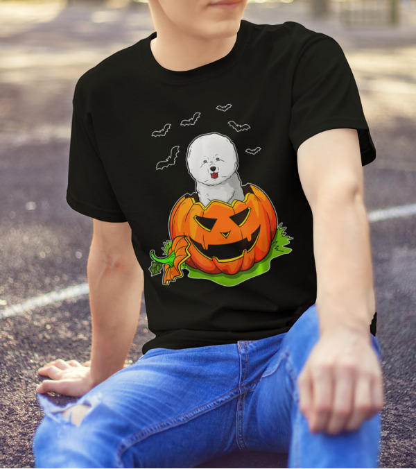 Halloween Bichon Frise Dog Lovers Pumpkin With Bats T-Shirt