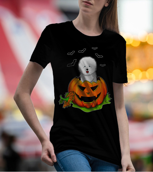 Halloween Bichon Frise Dog Lovers Pumpkin With Bats T-Shirt