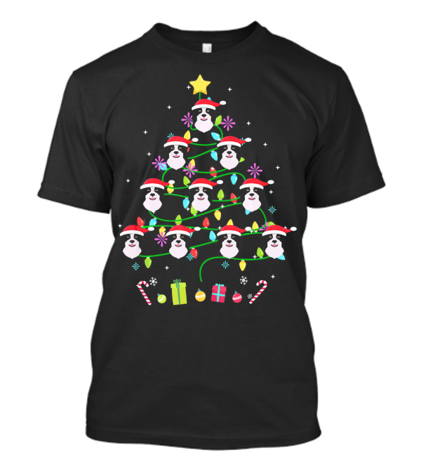 Border Collie Christmas Tree With Santa Hats And Holiday Decorations T-Shirt