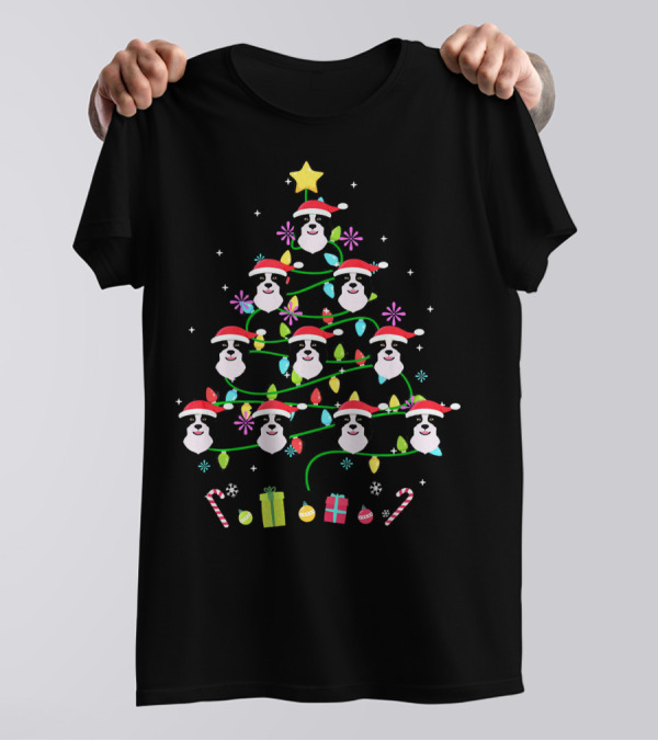 Border Collie Christmas Tree With Santa Hats And Holiday Decorations T-Shirt