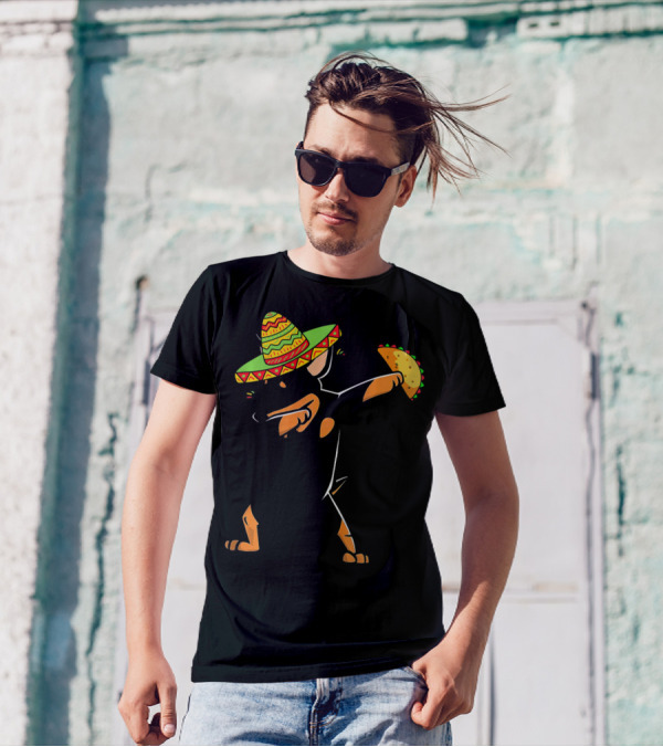 Funny Miniature Pinscher Dog Dabbing With Sombrero And Taco T-Shirt