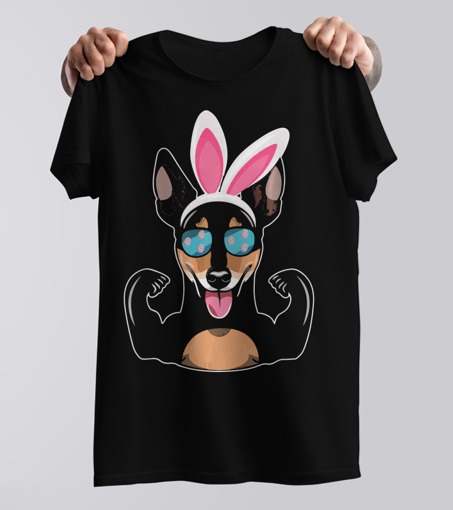 Strong Miniature Pinscher With Bunny Ears And Muscle Pose T-Shirt