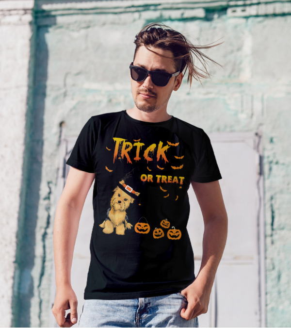 Trick Or Treat Funny Yorkie With Pumpkin And Witch Hat T-Shirt