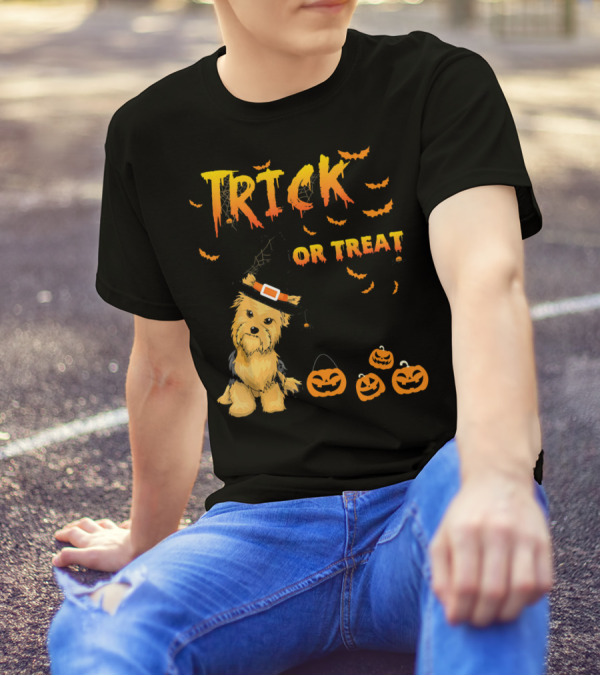 Trick Or Treat Funny Yorkie With Pumpkin And Witch Hat T-Shirt